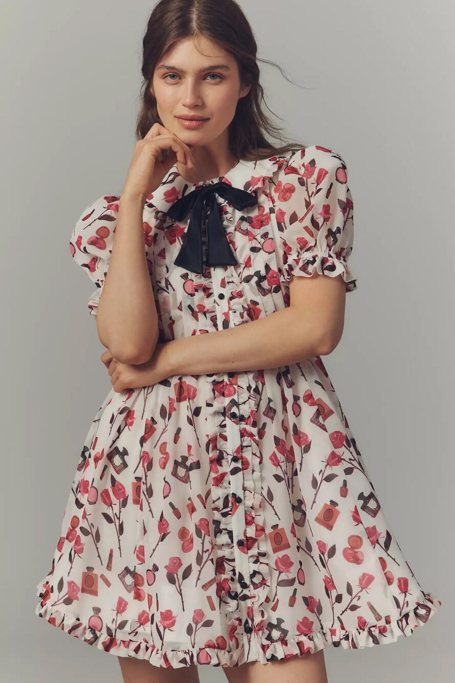 nwt ANTHROPOLOGIE MAEVE sz L Anisa Makhoul Puff Sleeve Bow Front Dress - Picture 1 of 4